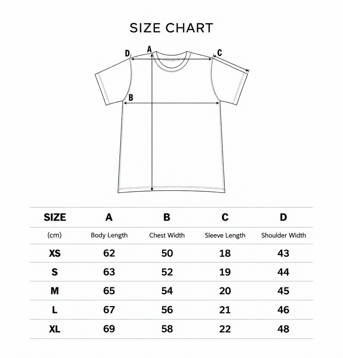 Guide des tailles du T-shirt Désastre : longueur du corps, largeur de poitrine, longueur de manche et largeur des épaules, en centimètres, de XS à XL.
